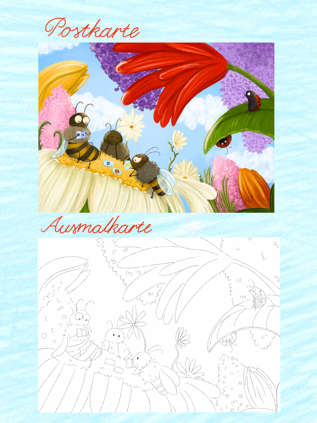Postkarte + Ausmalkarte Set Bienenpoker