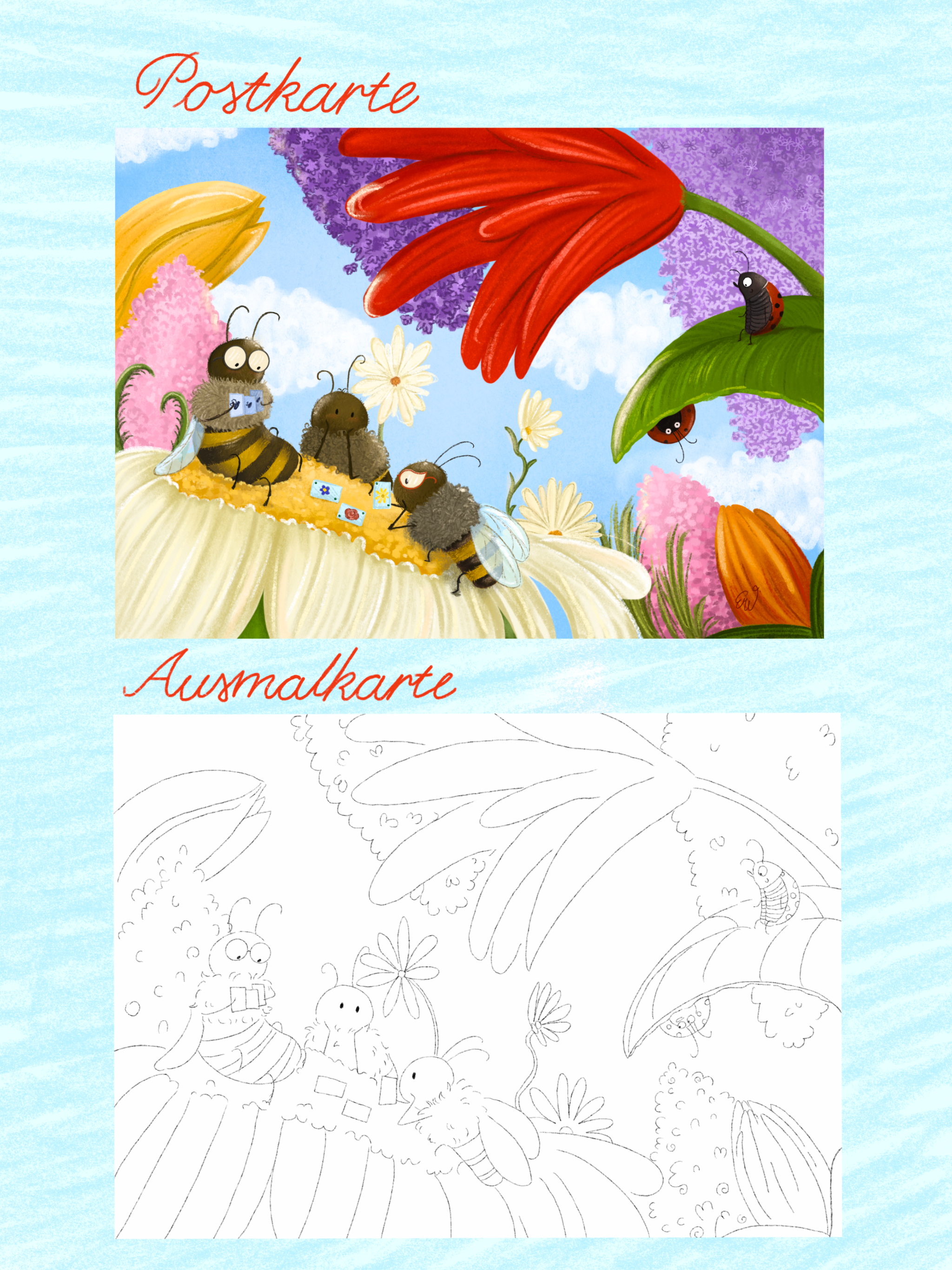 Postkarte + Ausmalkarte Set Bienenpoker