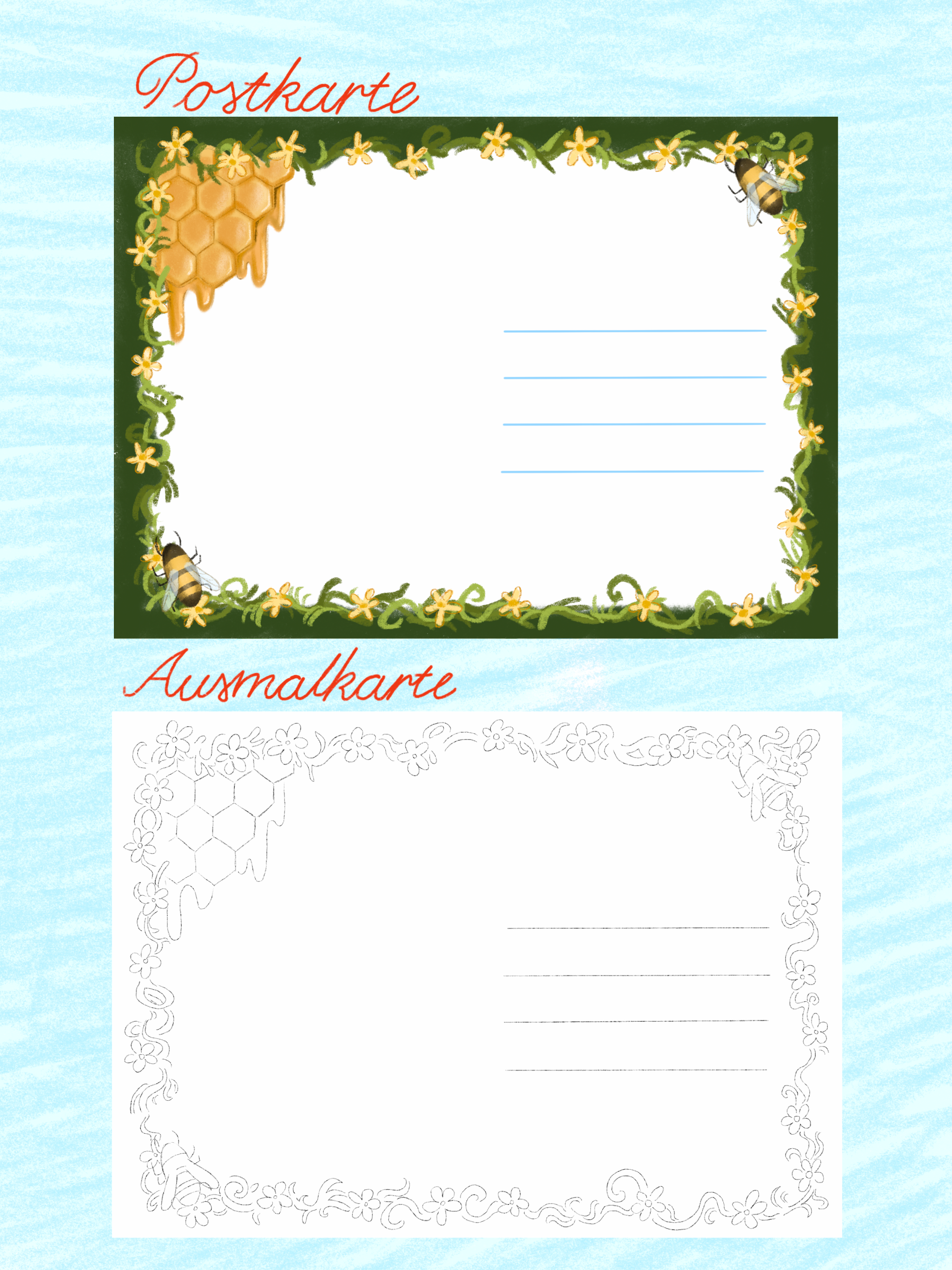 Postkarte + Ausmalkarte Set Bienenpoker